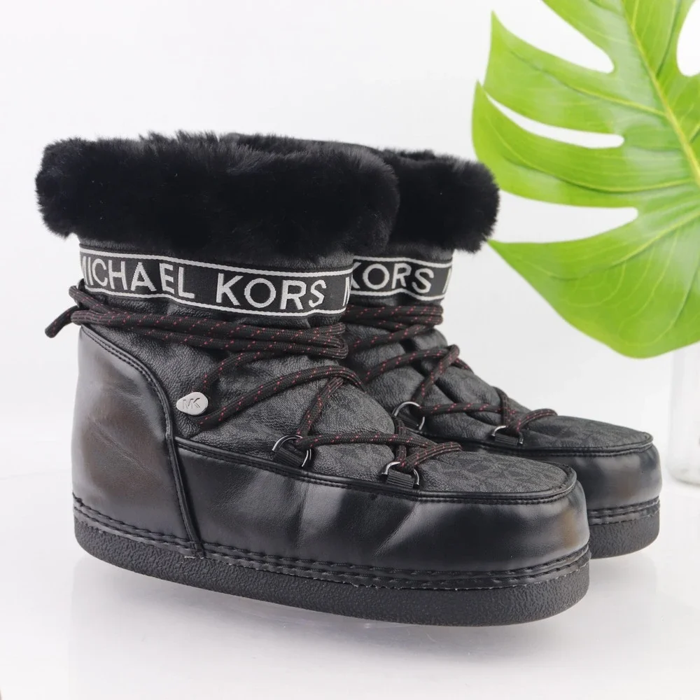 Michael Kors Womens Zelda MK Boots Size 9 Black Apres Ski Moon Snow Fur Booties